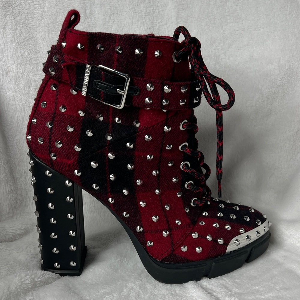 Gianni Bini Red and Black Plaid Studded Boots